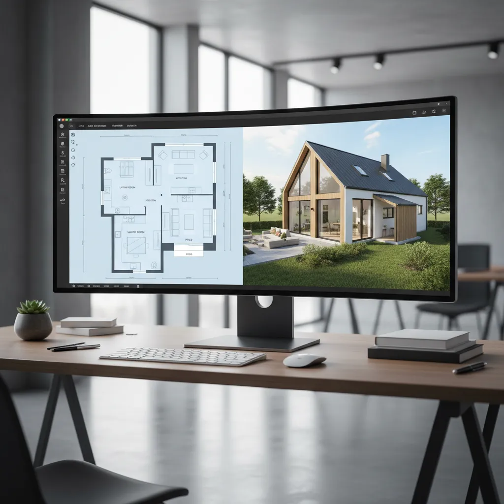 Coohom wide computer monitor displaying a floor plan and a house design drawing on desk