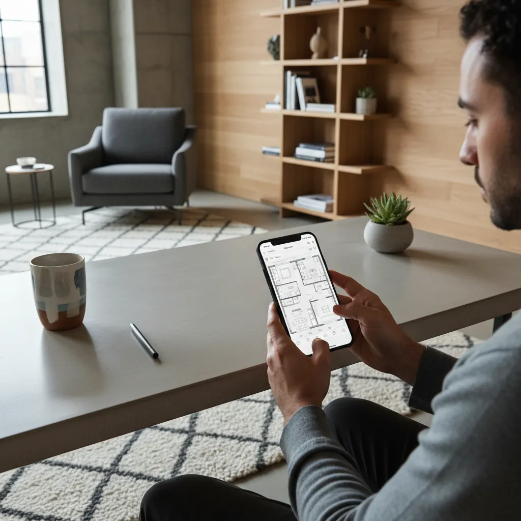 Person holding a phone showing a room layout while sitting in a modern living room