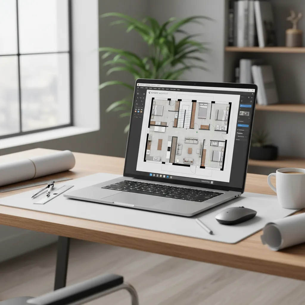 Laptop computer showing a floor plan layout design on a wooden desk with drawing tools