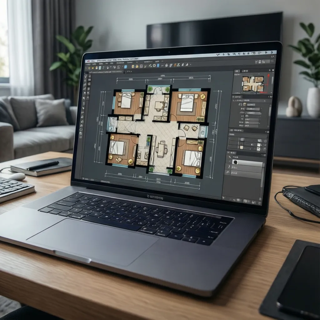 Laptop on wooden desk showing house floor plan design software in a modern living room
