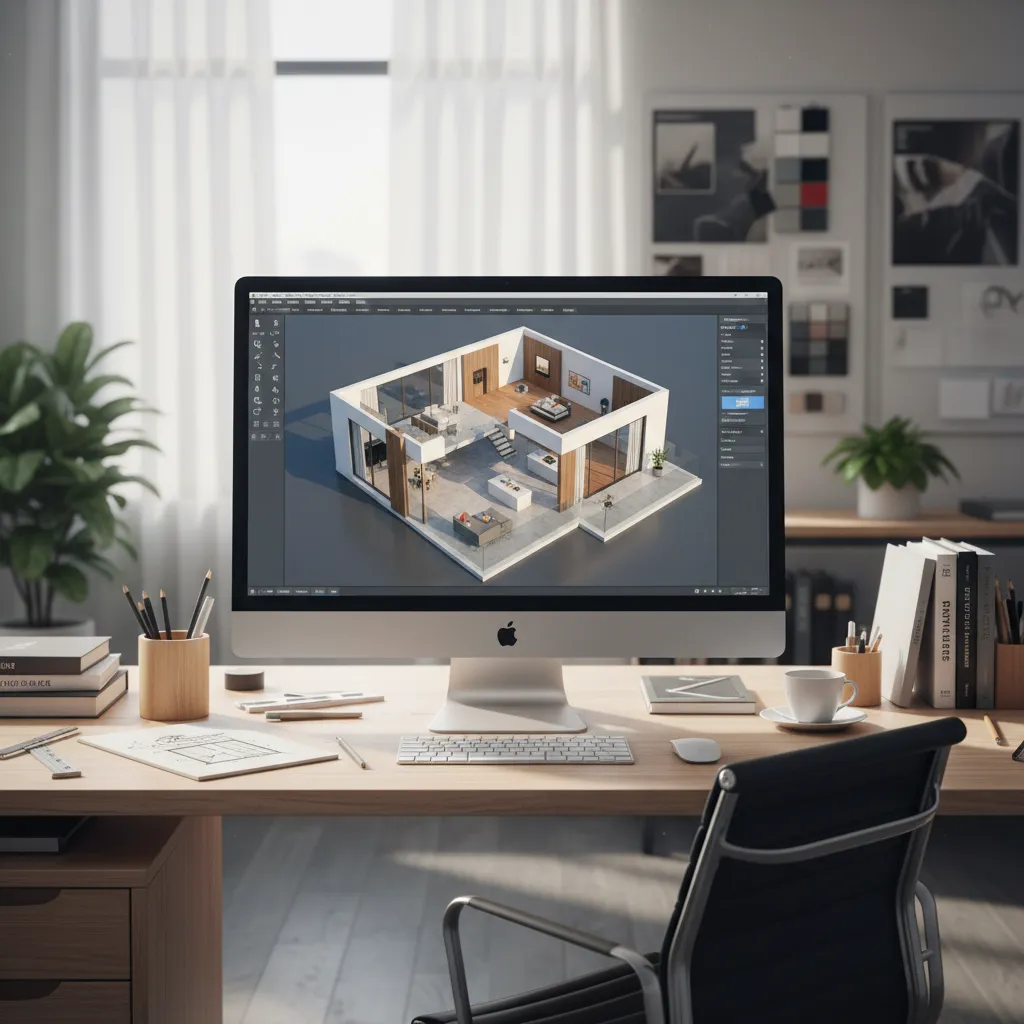 Computer monitor on wooden desk displaying a 3D interior design model of a modern house