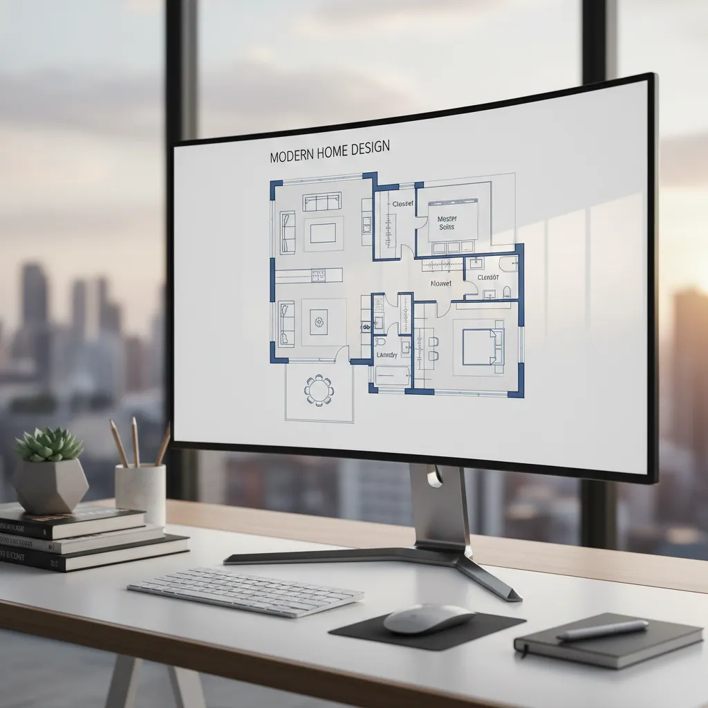 Desktop monitor showing a modern house room layout on a desk with keyboard and mouse