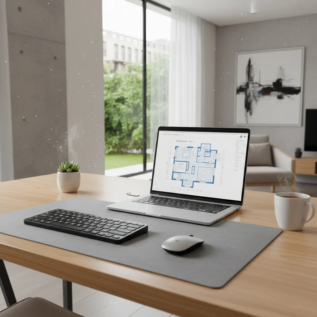 Laptop on wooden desk showing floor plan design with keyboard mouse coffee cup and plant