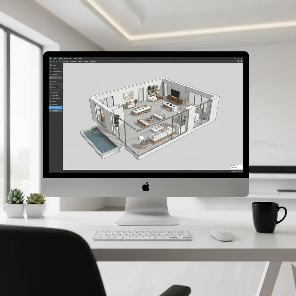 Computer monitor on white desk showing 3D interior design drawing of a modern living room
