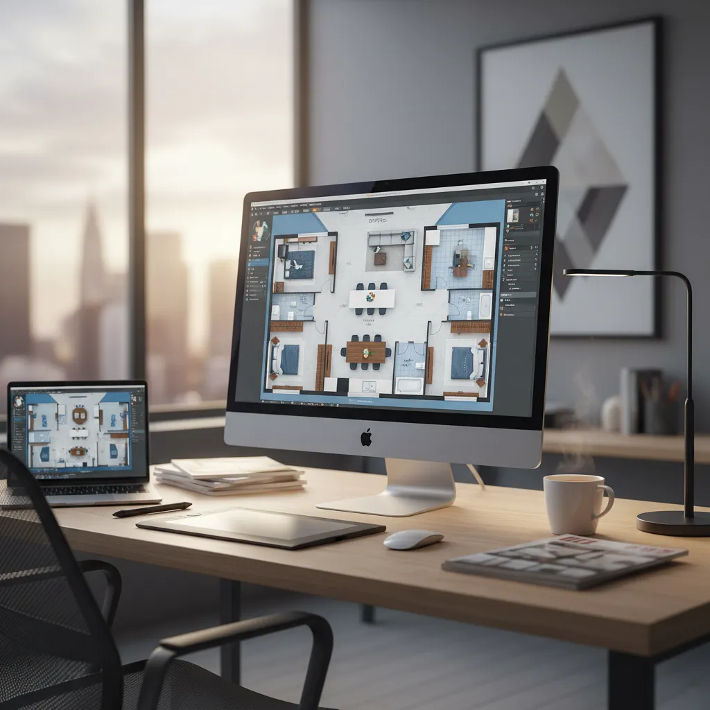 Computer monitor on a wooden desk showing a house floor plan layout with furniture items