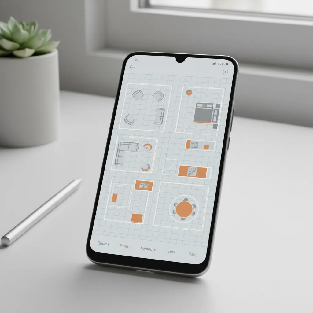 Smartphone on desk showing mobile floor plan app with various room layouts and orange furniture