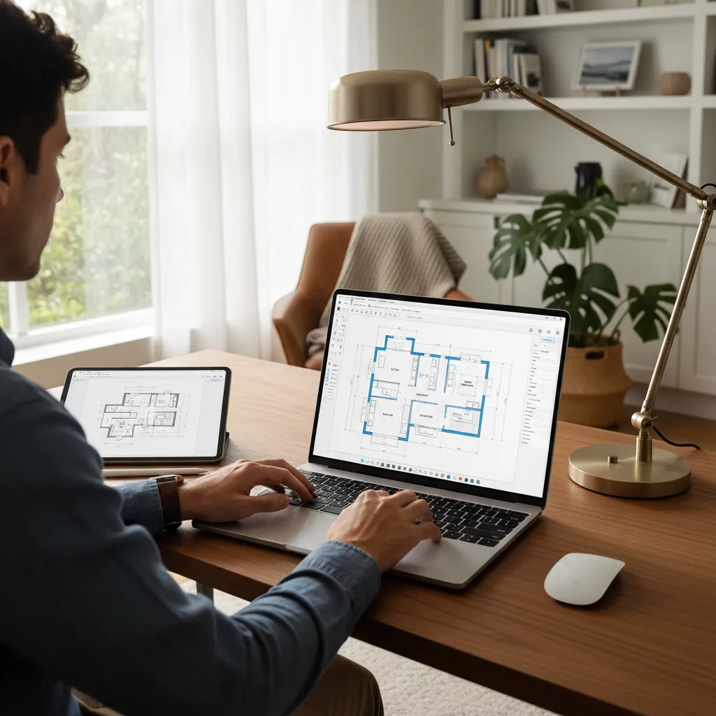 Seseorang membuat desain denah rumah di laptop