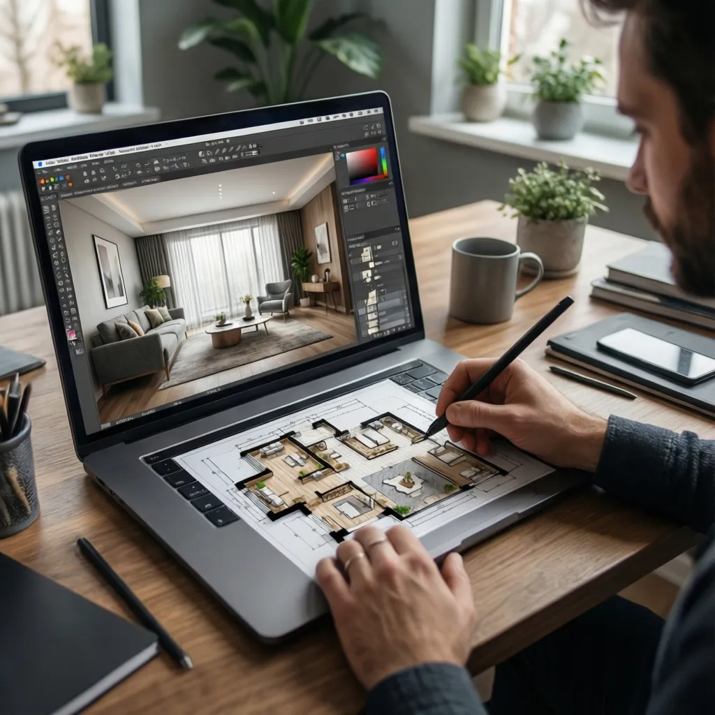 Menggunakan aplikasi desain rumah pada laptop