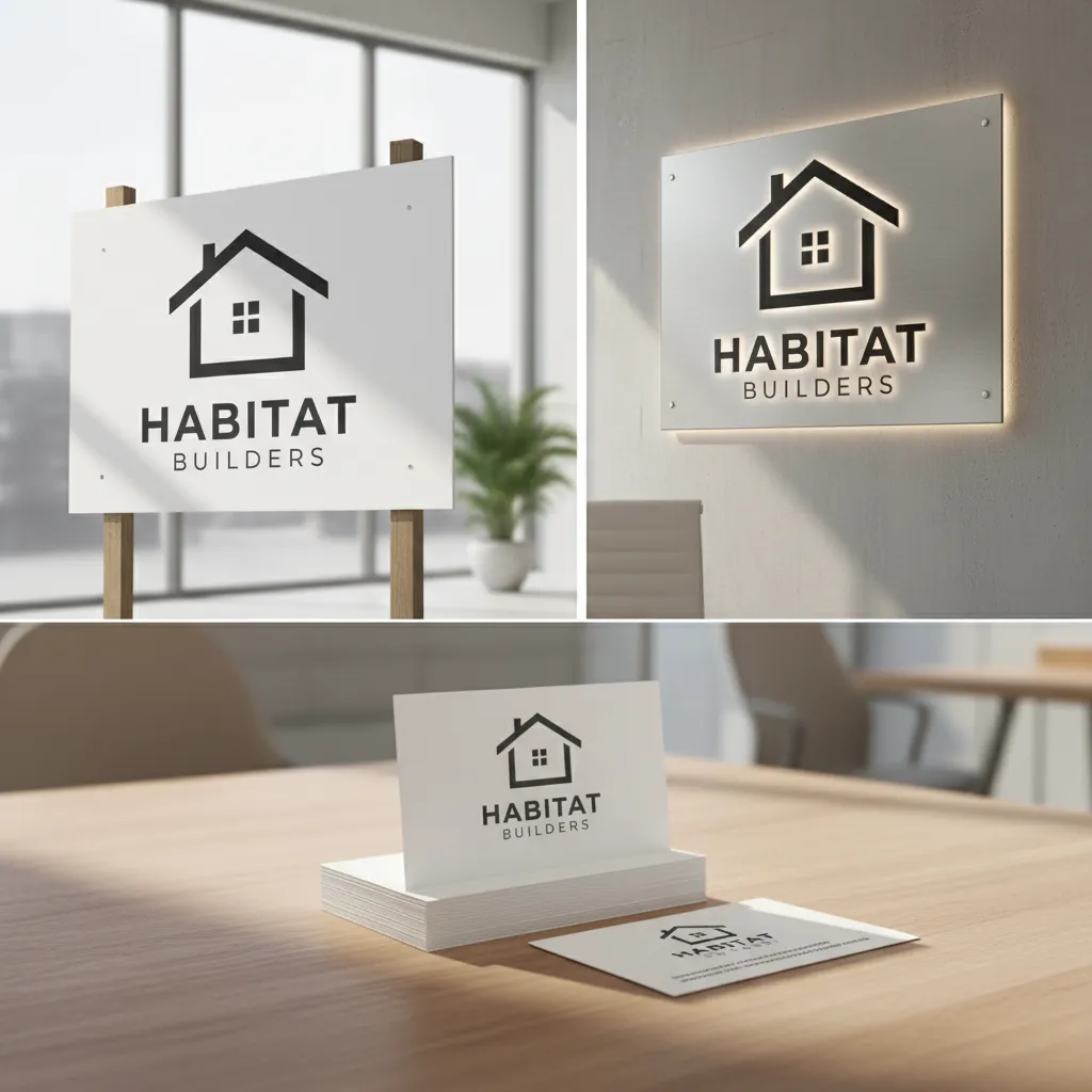 Habitat Builders logo displayed on a white signboard, illuminated wall sign, and professional business cards
