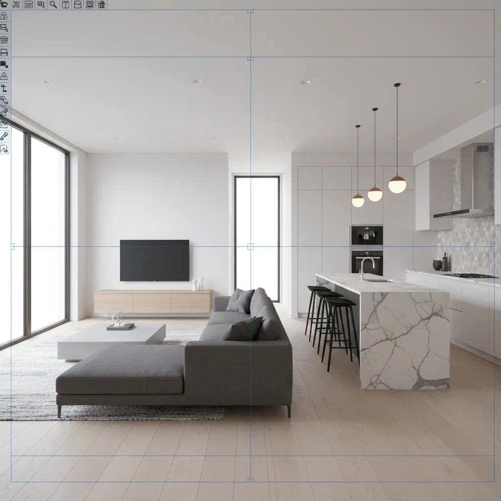 Modern open plan living room and kitchen area with grey sofa and white marble island