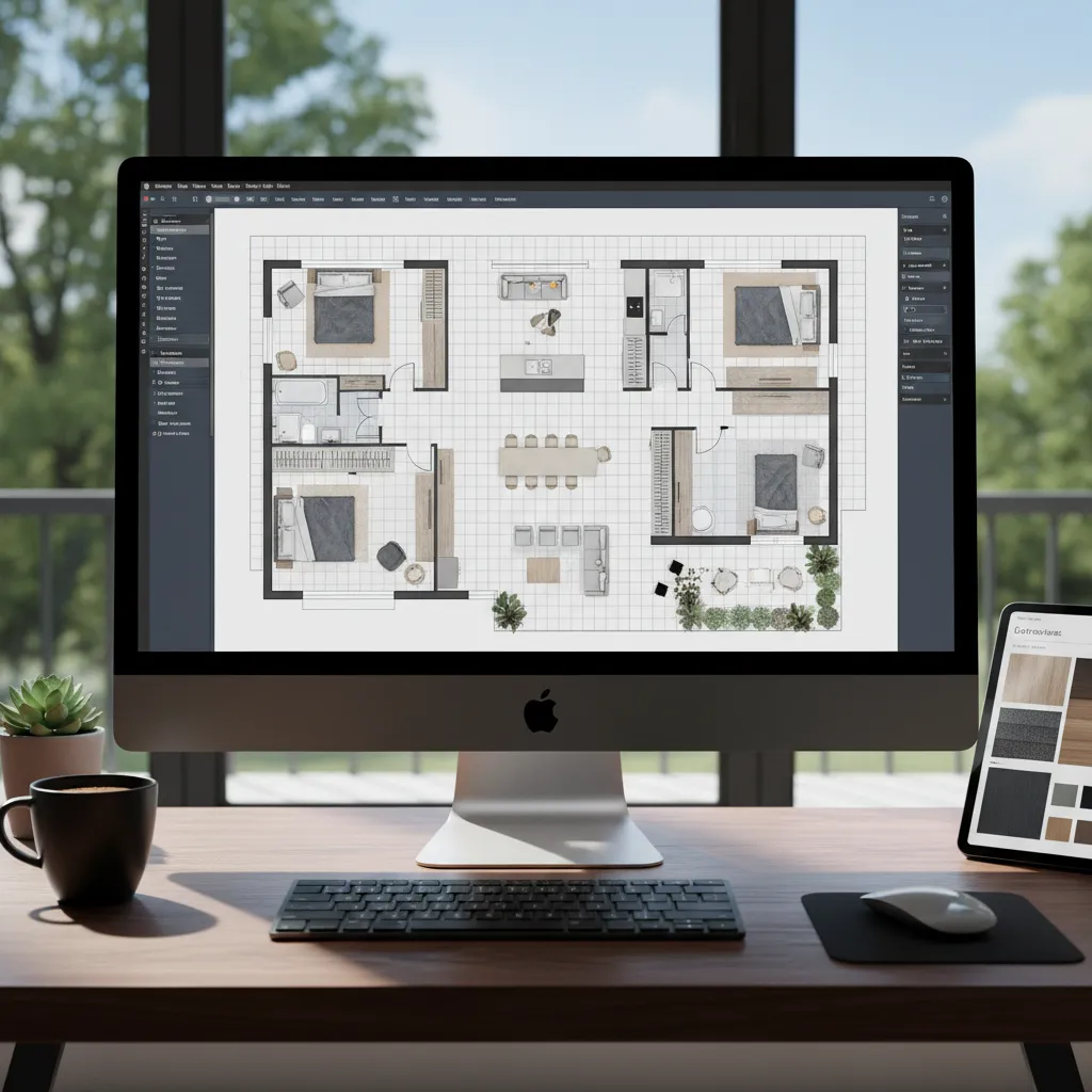 Computer monitor on a wooden desk showing a detailed two bedroom apartment floor plan layout