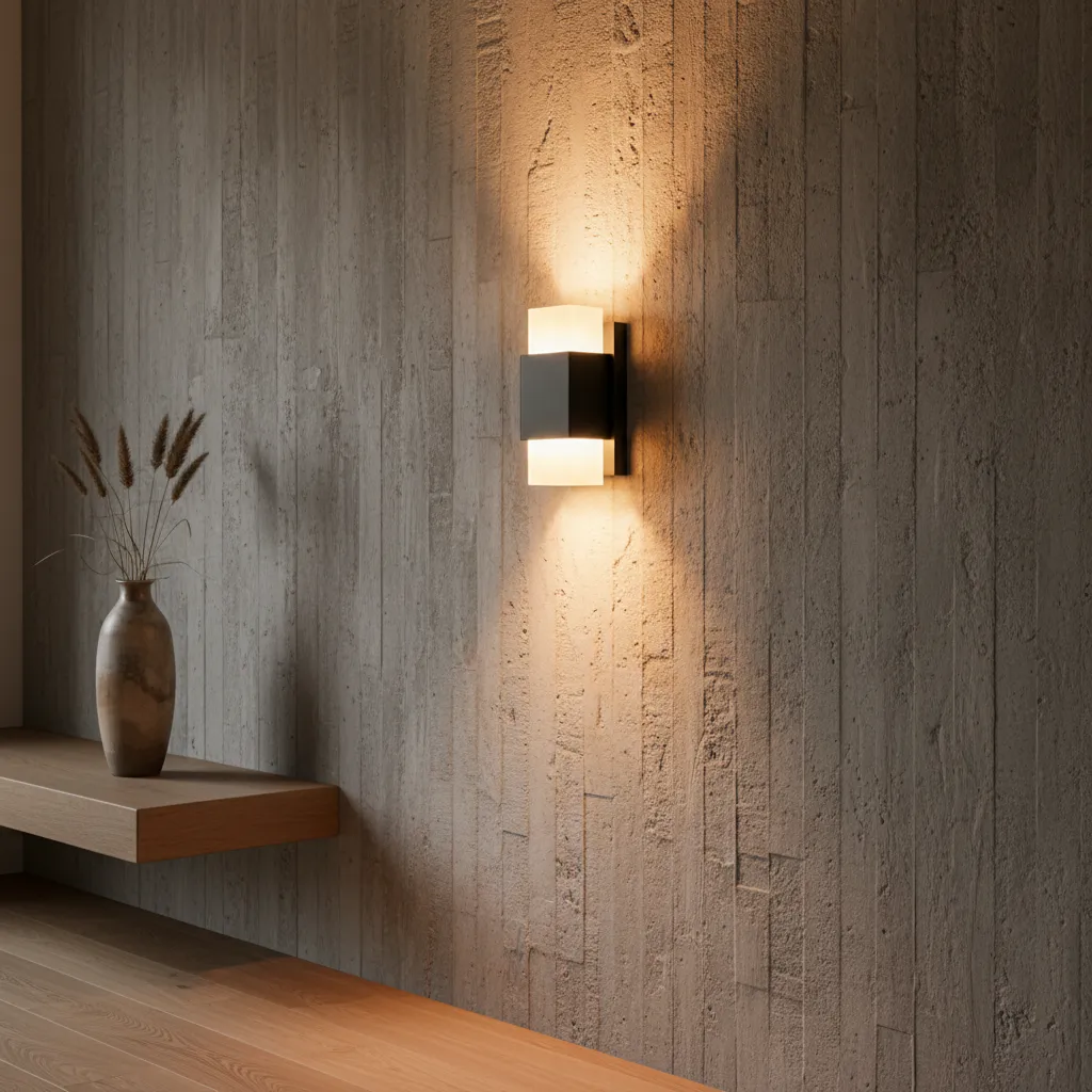 Aplique moderno proyectando luz indirecta sobre una pared texturizada