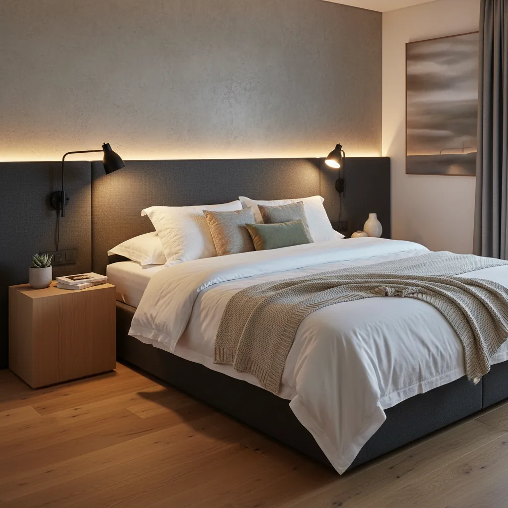 Modern bedroom with gray bed, white bedding, wood floor, side table, and black wall lights
