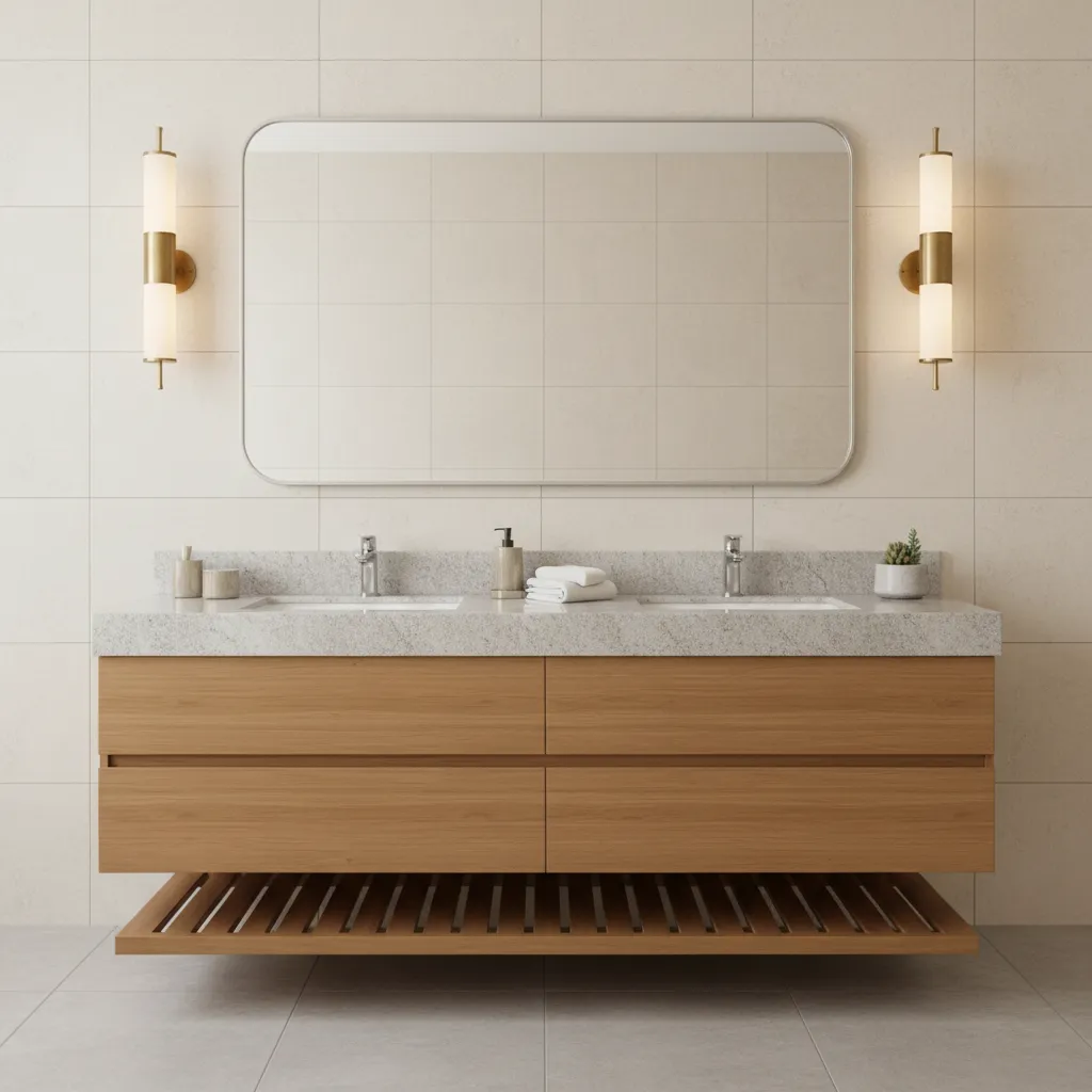 Modern bathroom with wooden cabinet stone countertop double sinks large mirror and two wall lights