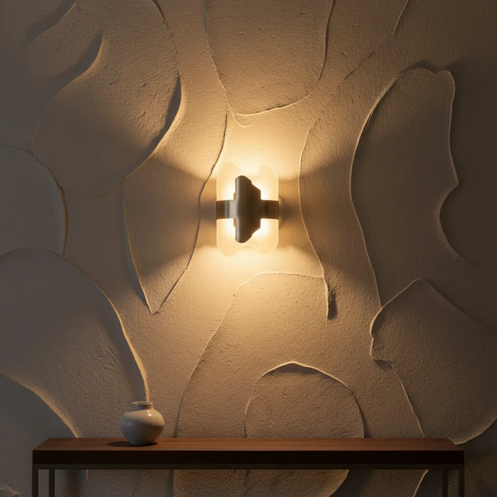 Gold wall light glowing on a textured wall above a slim dark wooden console table