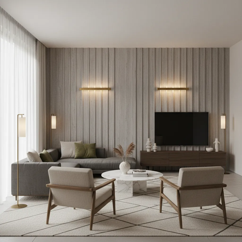 Modern living room with grey sofa wooden wall panel television two armchairs and light fixtures