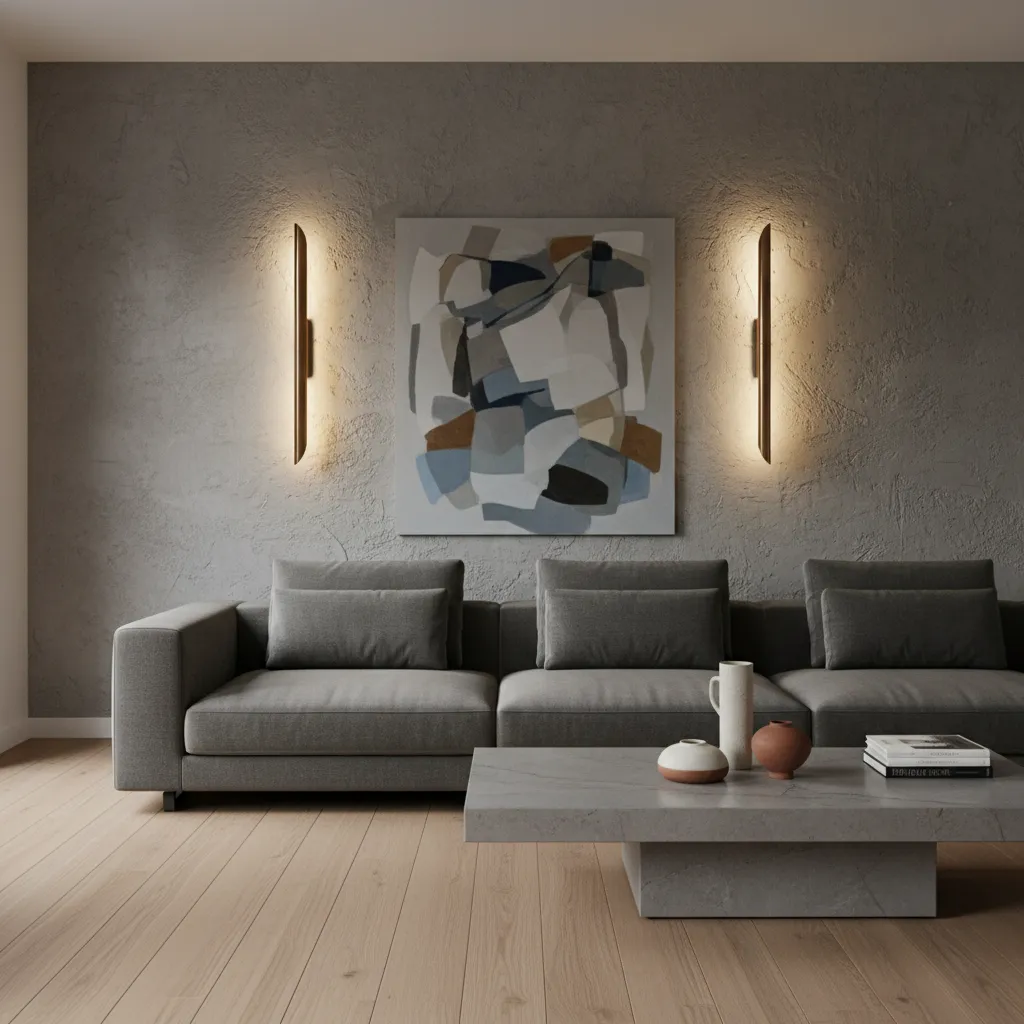 Minimalist living room with grey sofa stone coffee table abstract wall art and wall lights