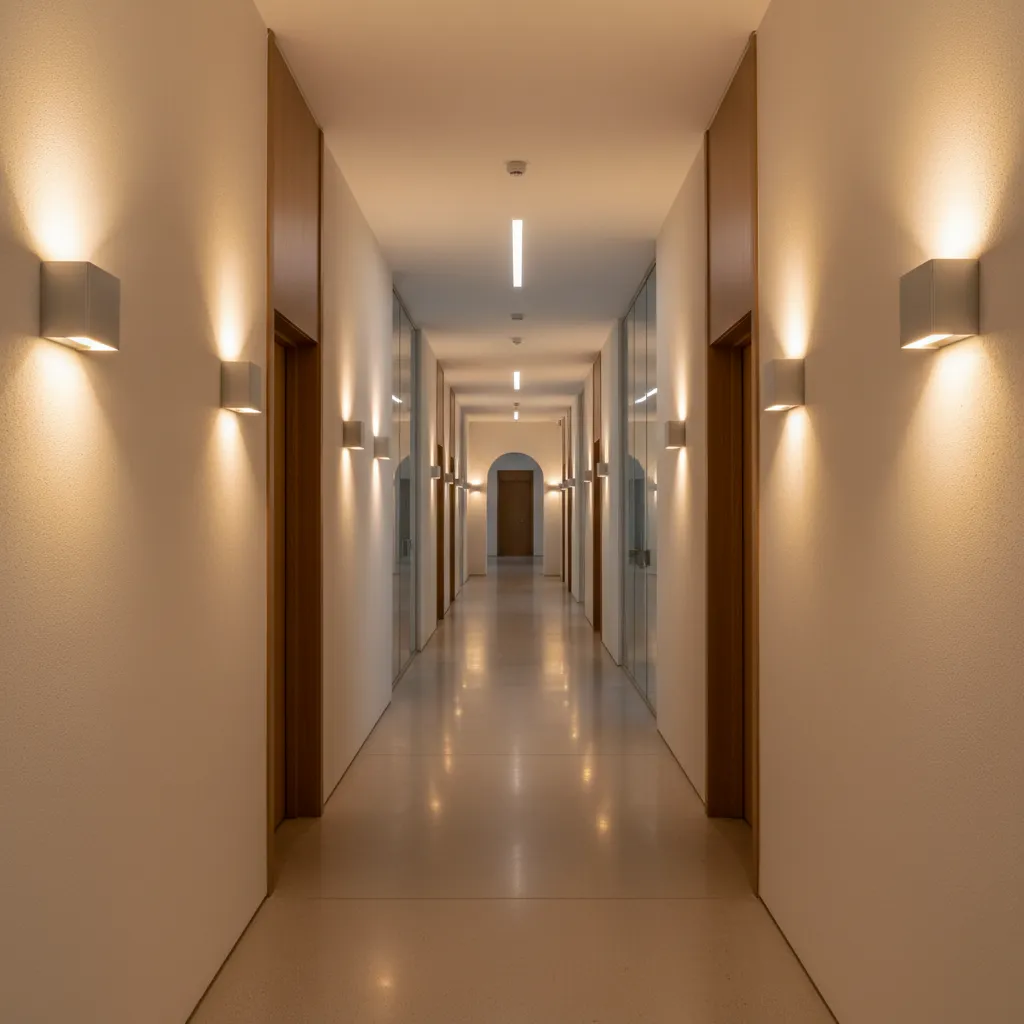 Long modern hallway with white walls, wooden doors, and square wall lights providing warm light