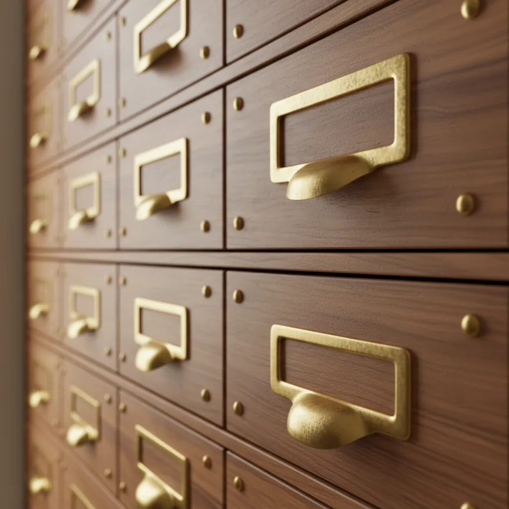 Close up of solid brass apothecary cabinet pulls with label holders on wooden drawers