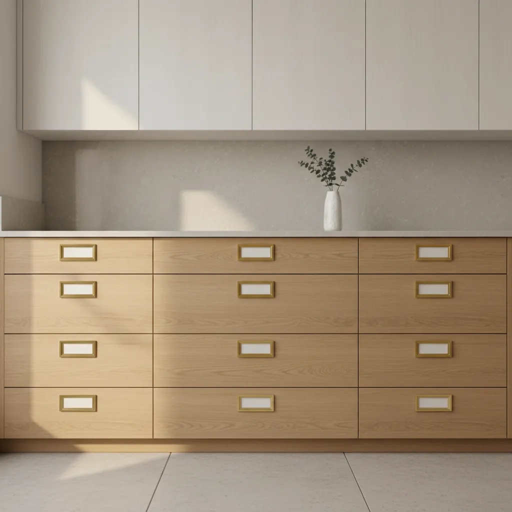 Apothecary style cabinet pulls installed on wooden drawers
