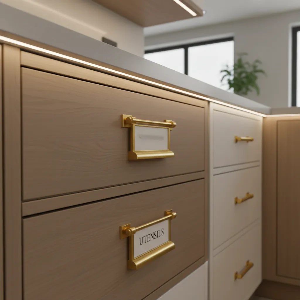 Apothecary cabinet pull installed on frequently used drawer in kitchen cabinet