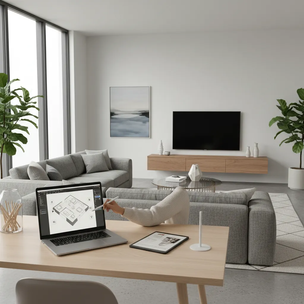 Laptop screen showing interior design drawing being edited with stylus in modern grey living room