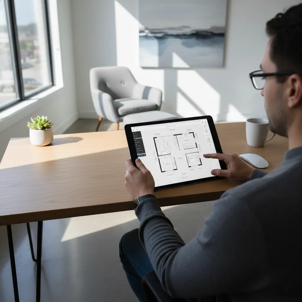 pessoa usando tablet com aplicativo de planta baixa de casa