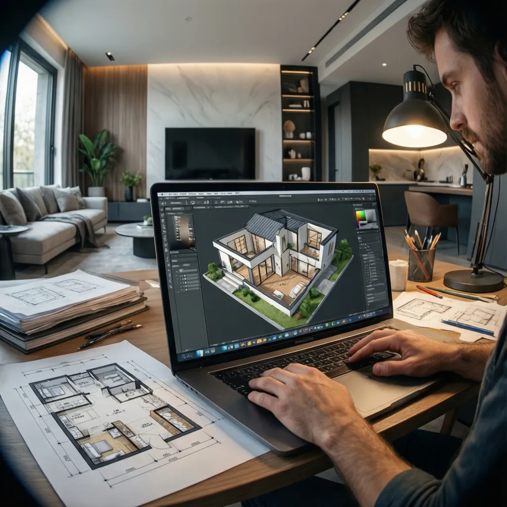 Designer working on a laptop showing a 3D house model with floor plans on desk