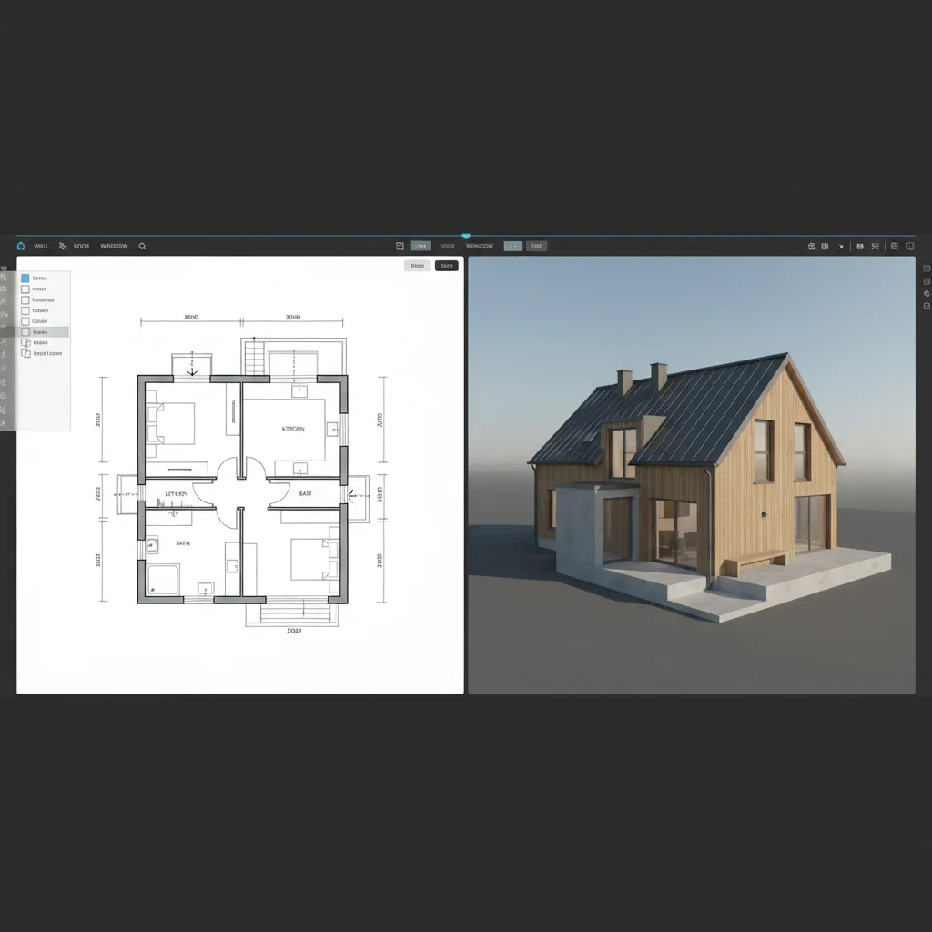 Plano digital de una casa con vista 2D y modelo 3D