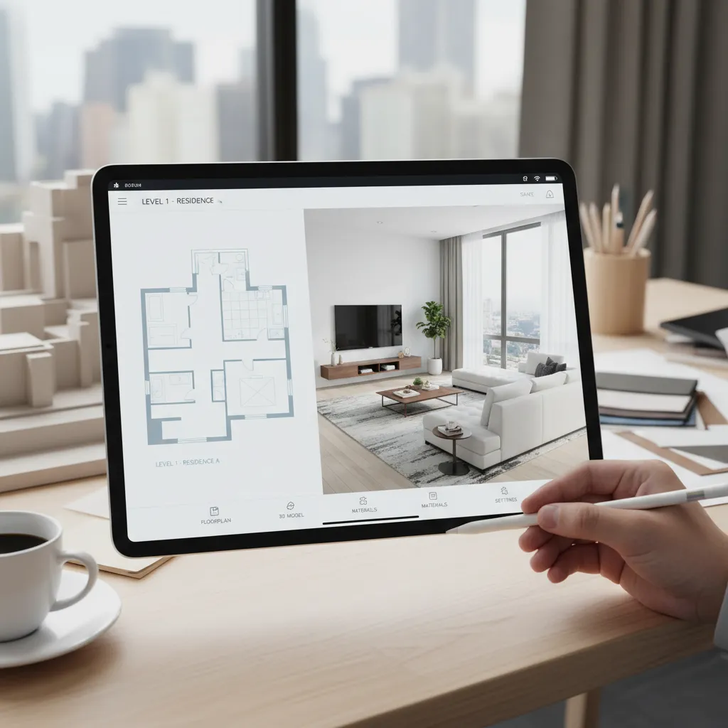Aplicación de diseño interior en iPad mostrando plano 2D y vista 3D