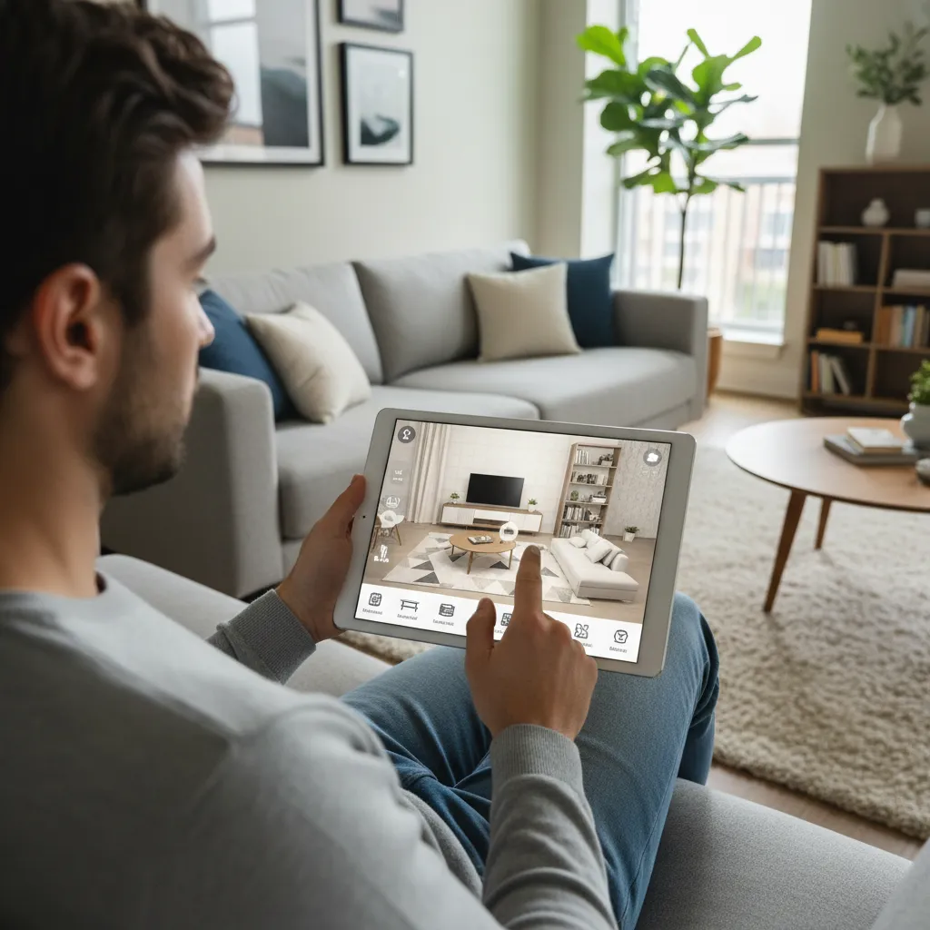 Persona diseñando una habitación en una aplicación móvil de decoración