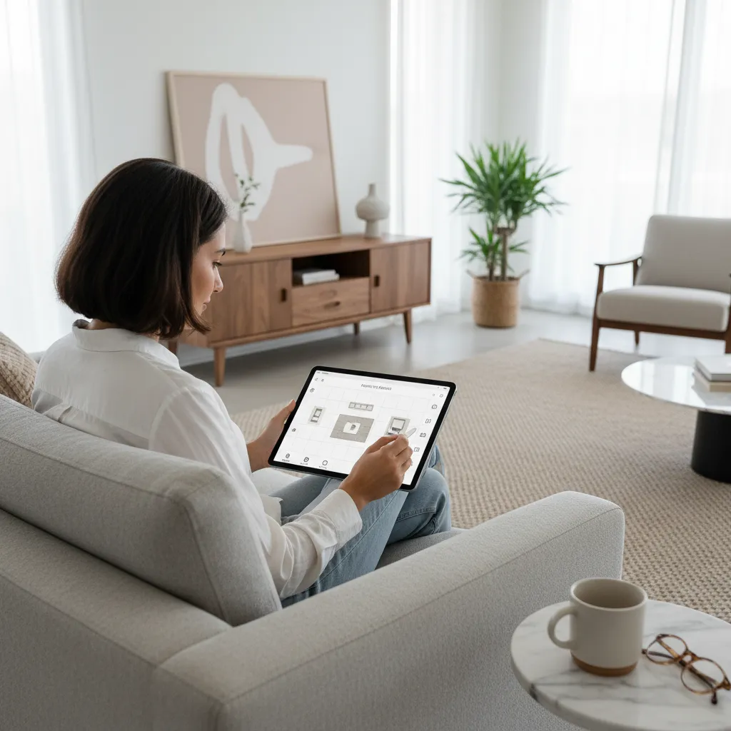 Persona usando app de diseño interior en tablet o móvil