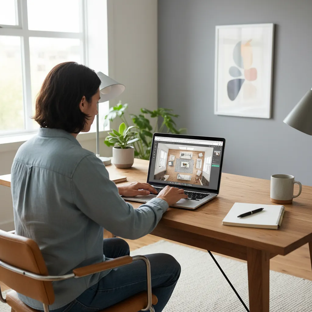 User sitting at a wooden desk using a laptop showing modern interior design room layout