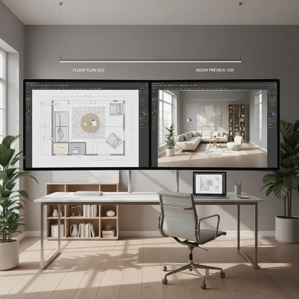 Interfaz de aplicación de diseño de interiores mostrando plano y vista 3D