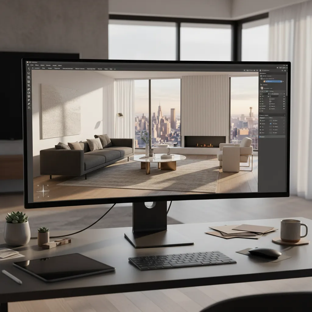 Computer monitor displaying interior design drawing of living room with sofa city view and desk accessories
