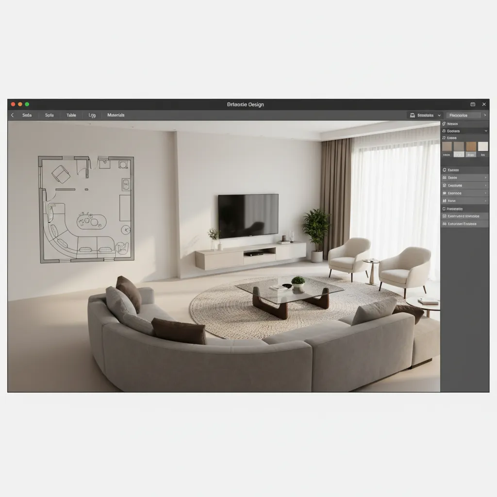 vista de una aplicación mostrando un diseño de salón en 3D