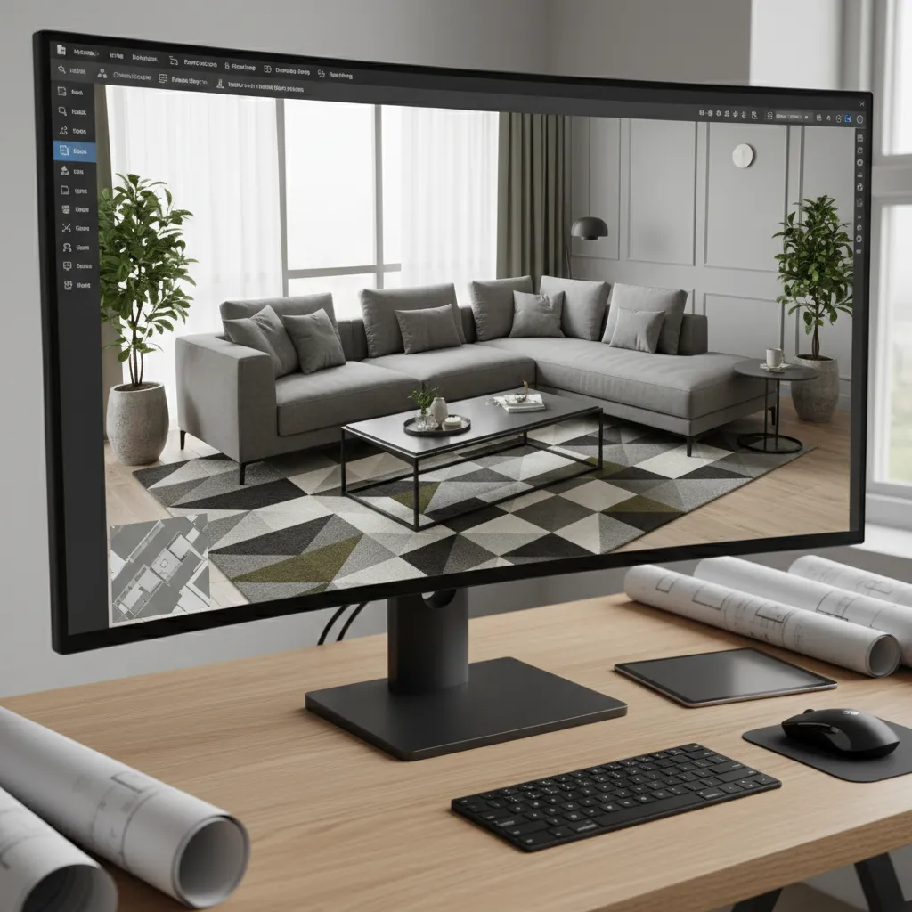 Pantalla mostrando un diseño de sala en 3D creado con una aplicación de interiorismo