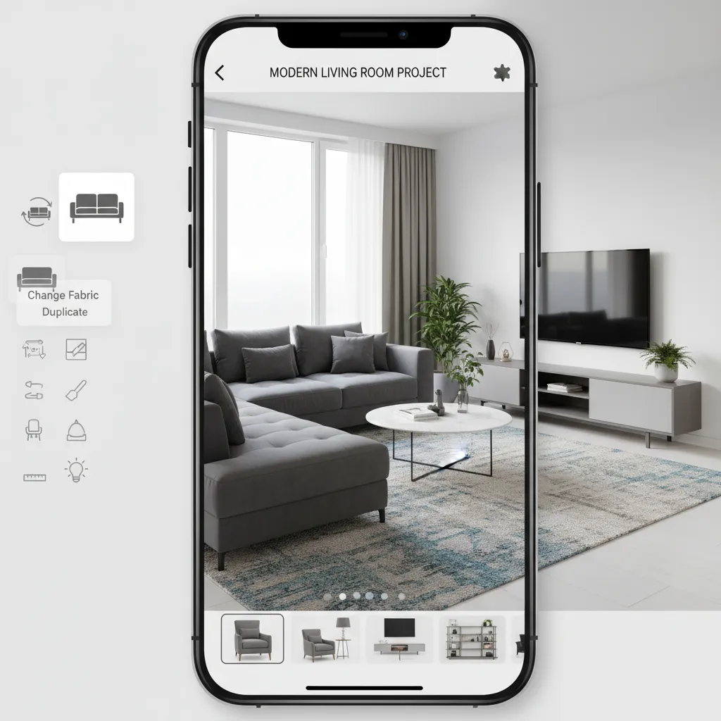 Aplicación de diseño de interiores mostrando una habitación en 3D