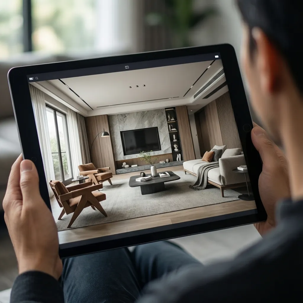 Person holding tablet showing modern living room design with grey sofa and warm wooden panels