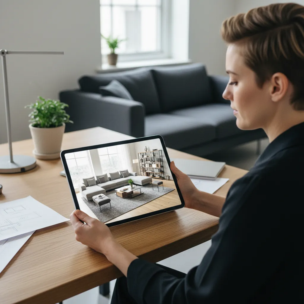 Woman holding tablet showing living room interior design drawing while sitting at wooden work desk