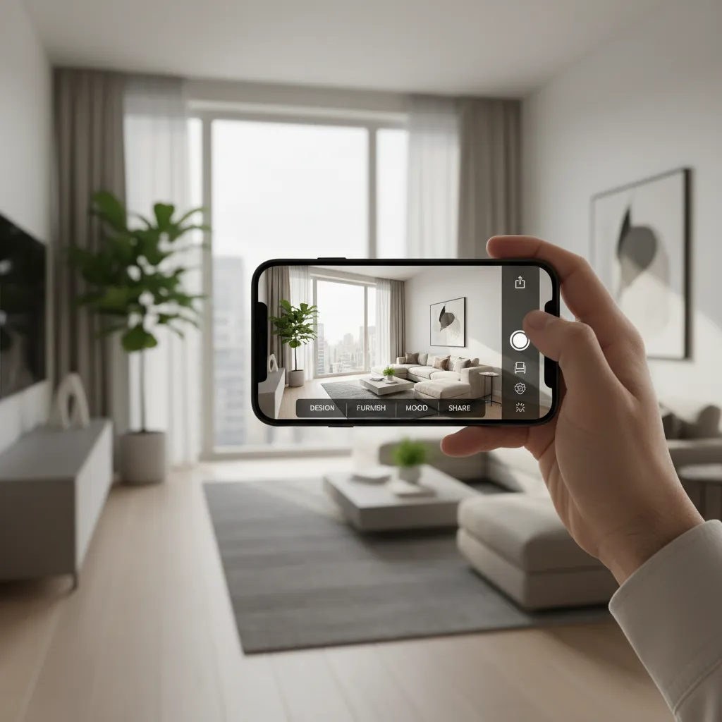Persona usando una app de diseño de interiores en smartphone