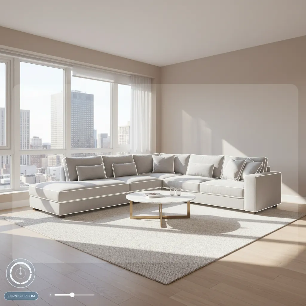 Interior design app interface showing virtual sofa placement in a living room with city views