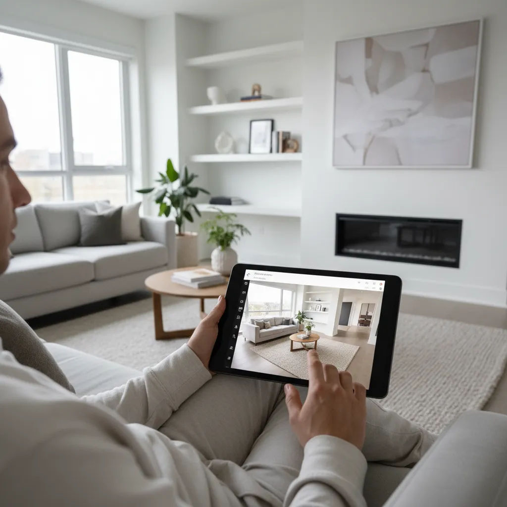 Person using a tablet app to design a modern living room while sitting on a sofa