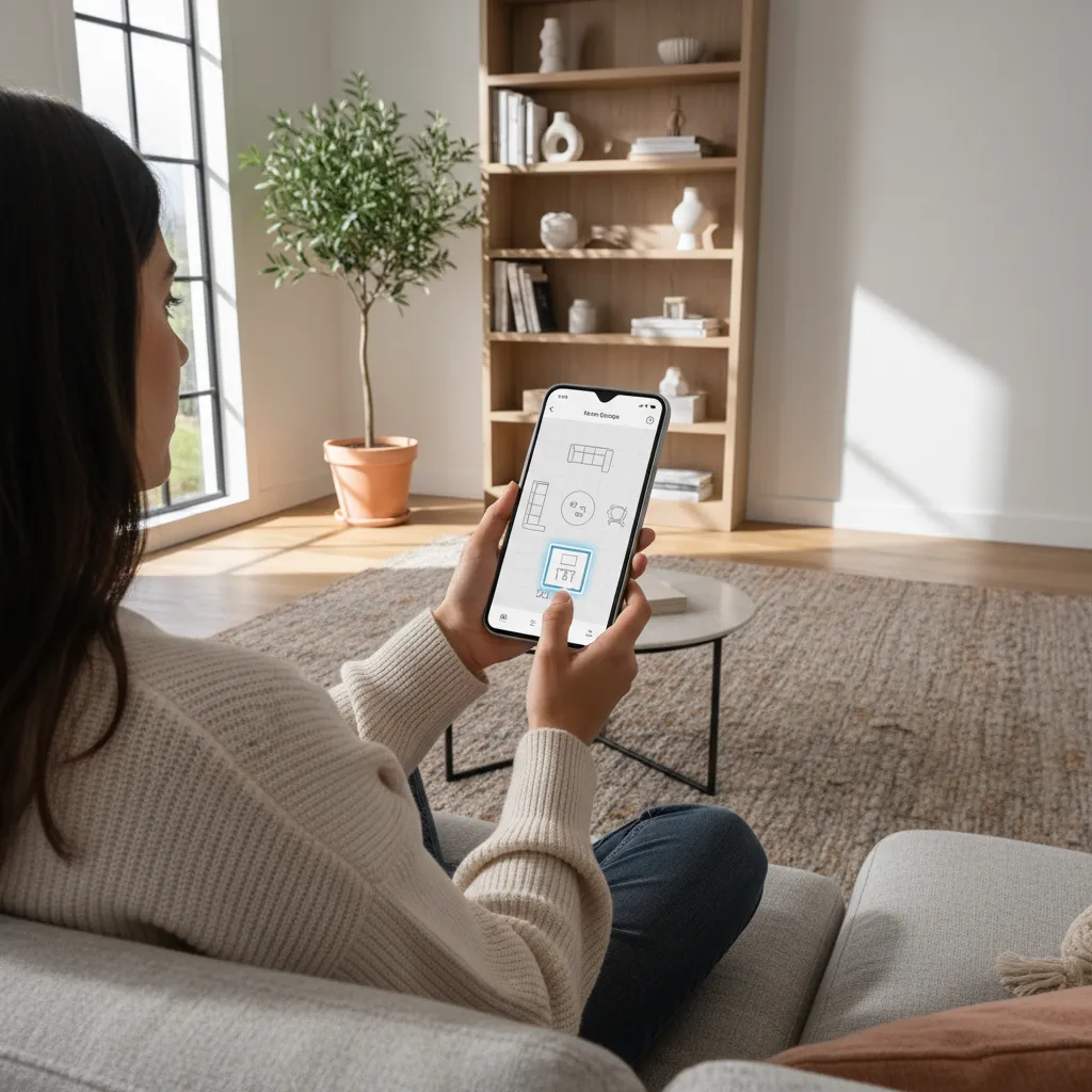 Persona usando una app de diseño interior en smartphone para decorar una habitación