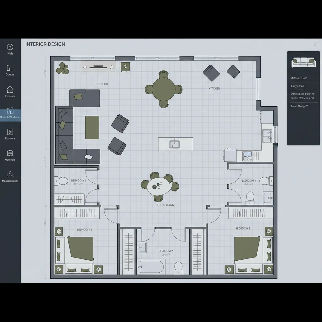 interfaz de aplicación mostrando plano de planta 2D con muebles colocados