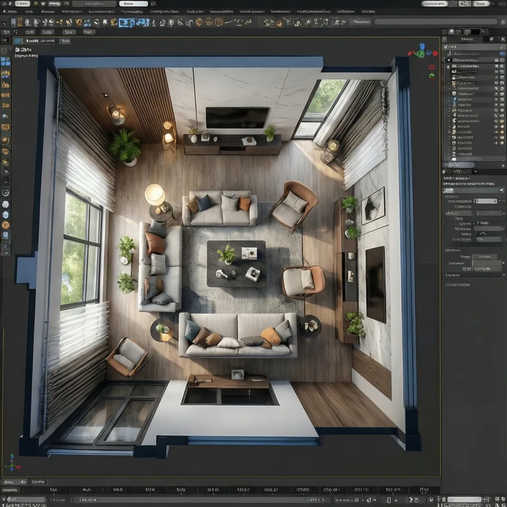 Coohom interior design drawing showing top view of living room with sofas and coffee table