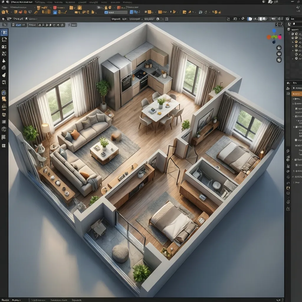 Plano 3D digital de un apartamento mostrado en una aplicación de diseño de interiores