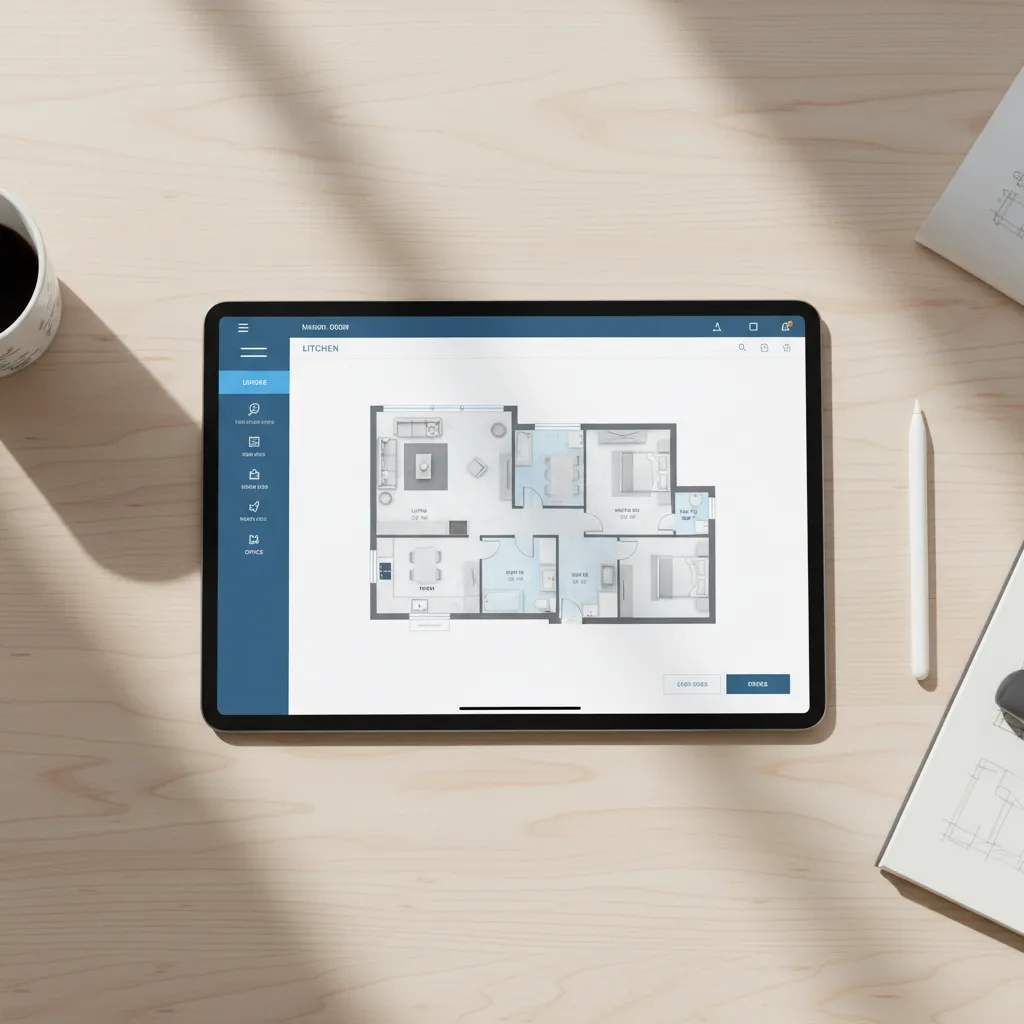 Tablet on wooden desk displaying 2D house floor plan with kitchen and multiple rooms layout design