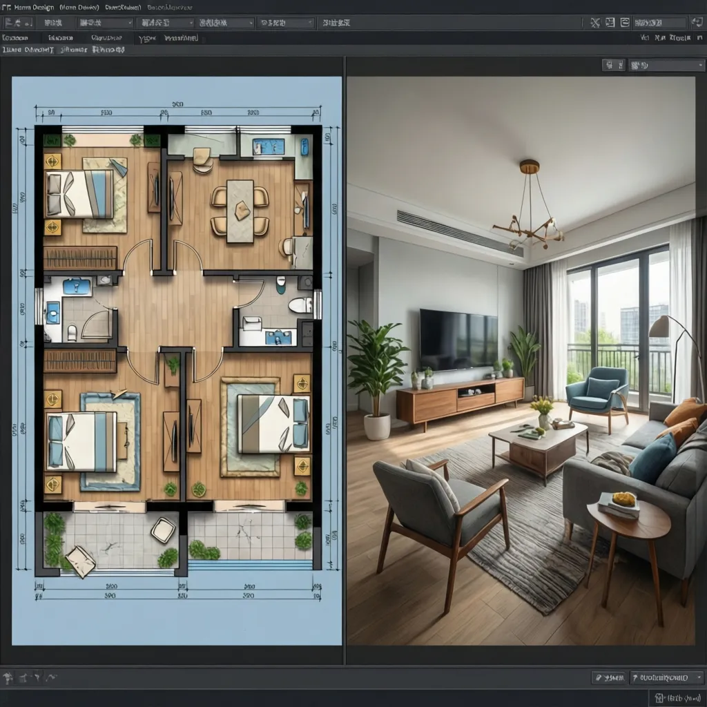 Interfaz de aplicación mostrando plano de casa en 2D y vista 3D