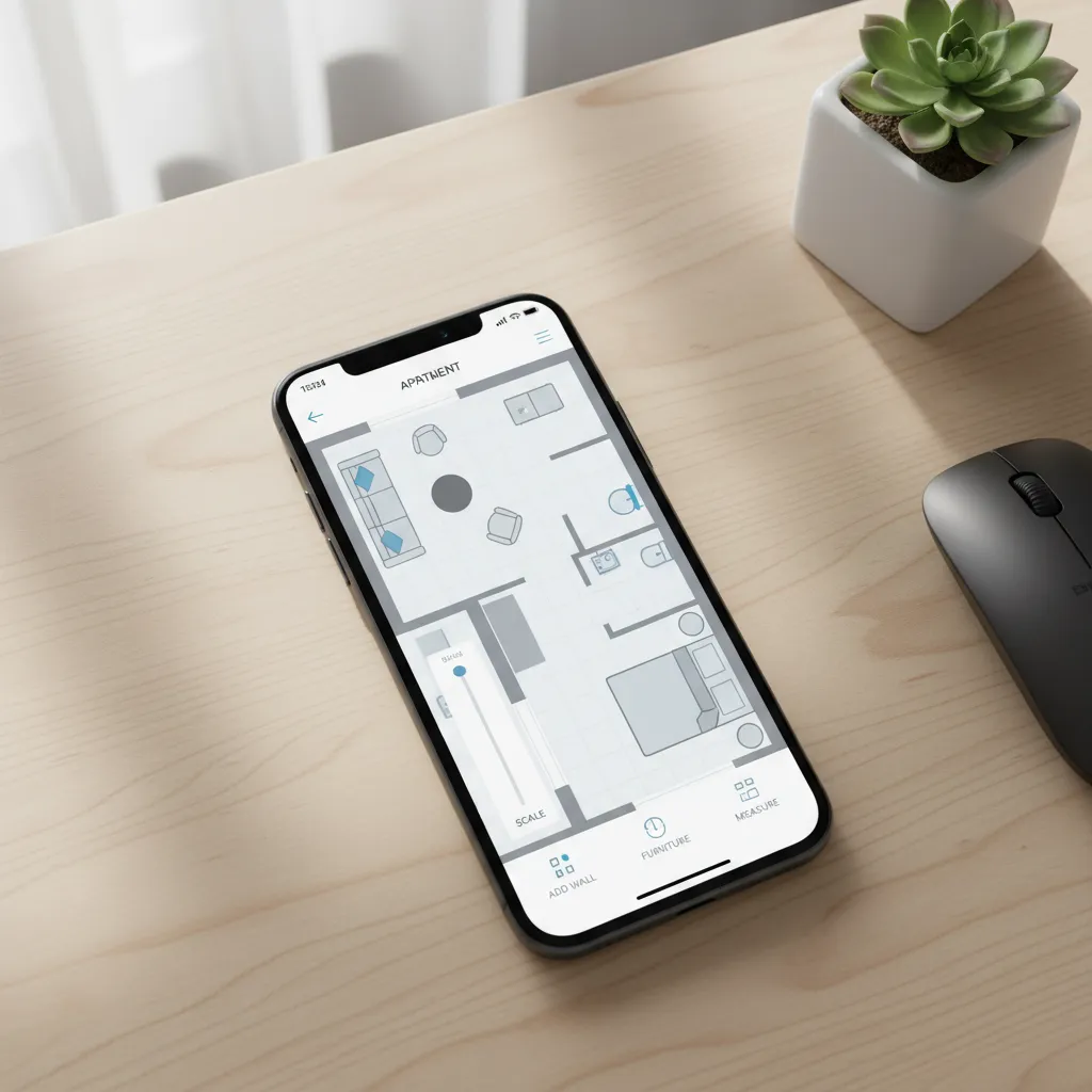 Aplicación de diseño interior mostrando un plano de apartamento en un smartphone